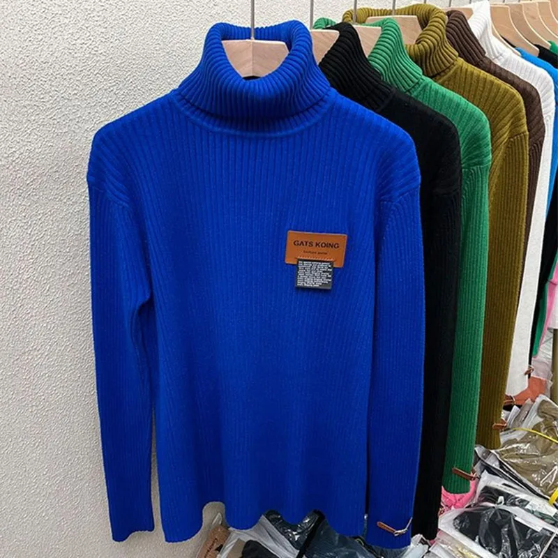 

Klein Blue Turtleneck Sweater Women Bottoming Shirt Elastic Knitwears Students Solid Color Soft Short Top Female Slim Pullovers