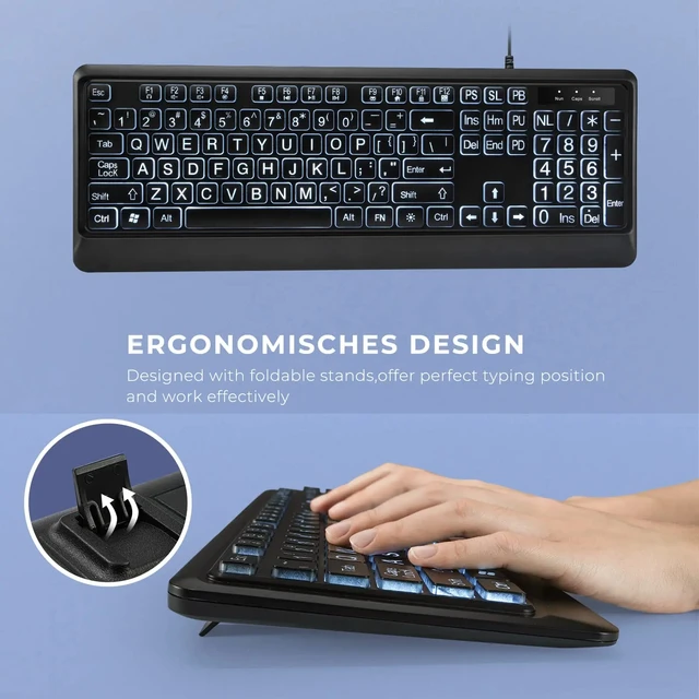 Print Backlit Keyboard Large Wired USB Lighted Computer Keyboard for Seniors and Low for Vision Individuals White Backl - Image 3
