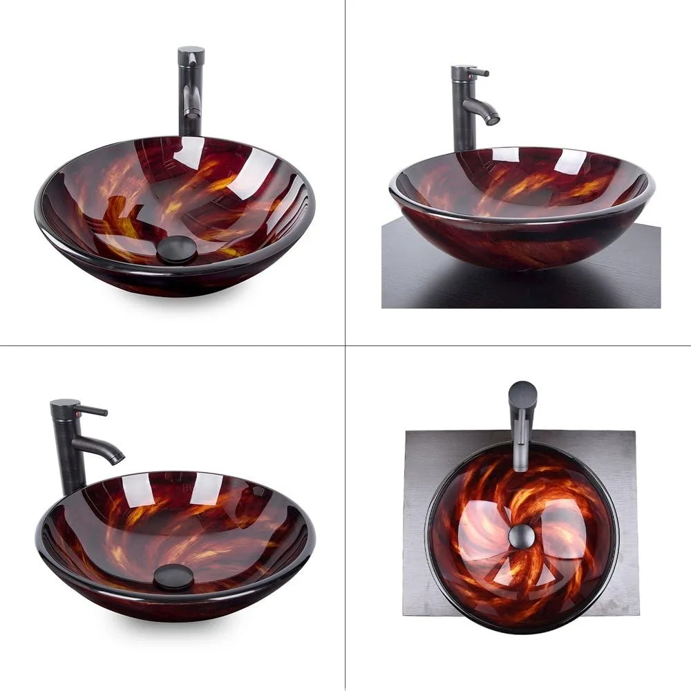 Artware Sink Bathroom Tempered Glass Vanity Round Bowl With Oil Rubber Bronze Faucet and Pop Up Drain Combo Countertop Furniture 2