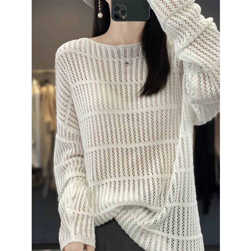

Women's Round Neck Hollowed Out Solid Color Long Sleeved Pullover Spring/Summer Korean Fashion New Top Versatile Knit