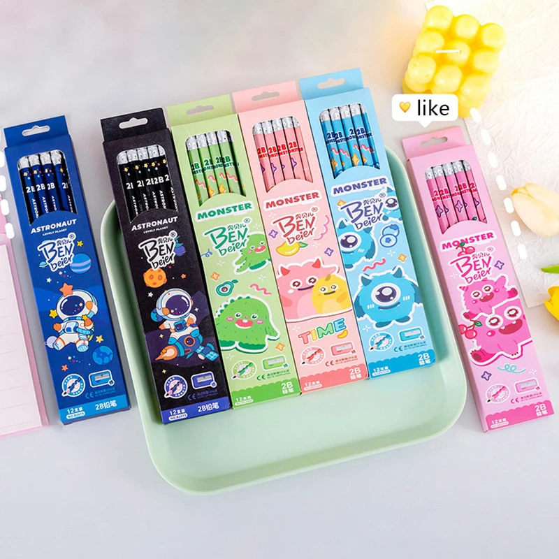 

12 pcs/set Kawaii Animals Cartoon 2B Standard Pencils with Eraser for School Cute Stationery Supplies Students Drawing Writing