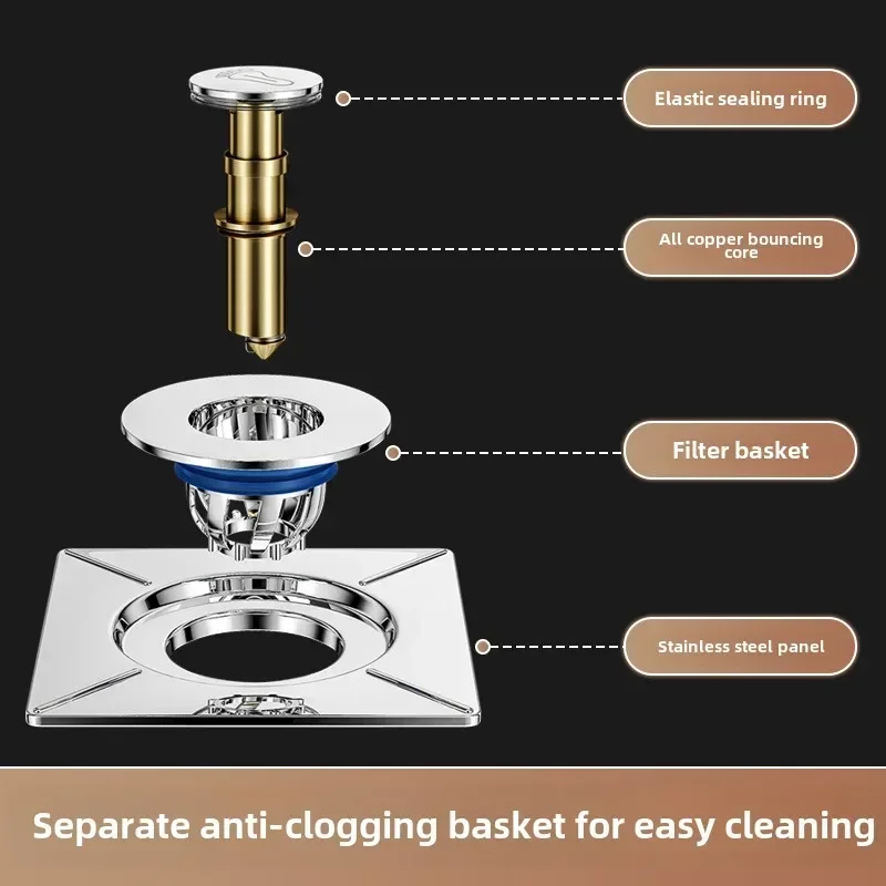 Brass Chrome Pop Up Foot Floor Drain 10*10cm Anti-odor Bath Drains Push Down Deodorization Square Matte Shower Room Plug Cover