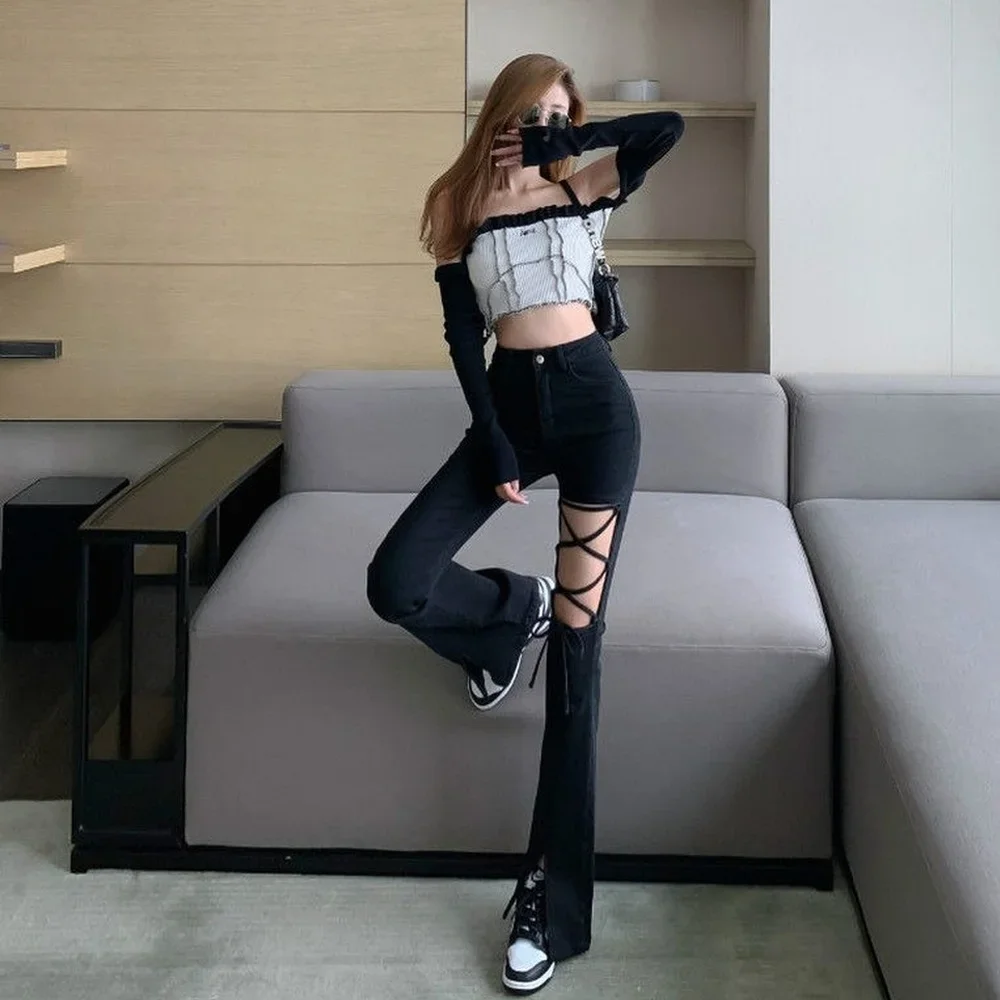 

Pants for Woman High Waist Shot Bell Bottom Ripped Trousers Flare Slim Fit Skinny Flared Torn with Holes Black Women's Jeans Z R