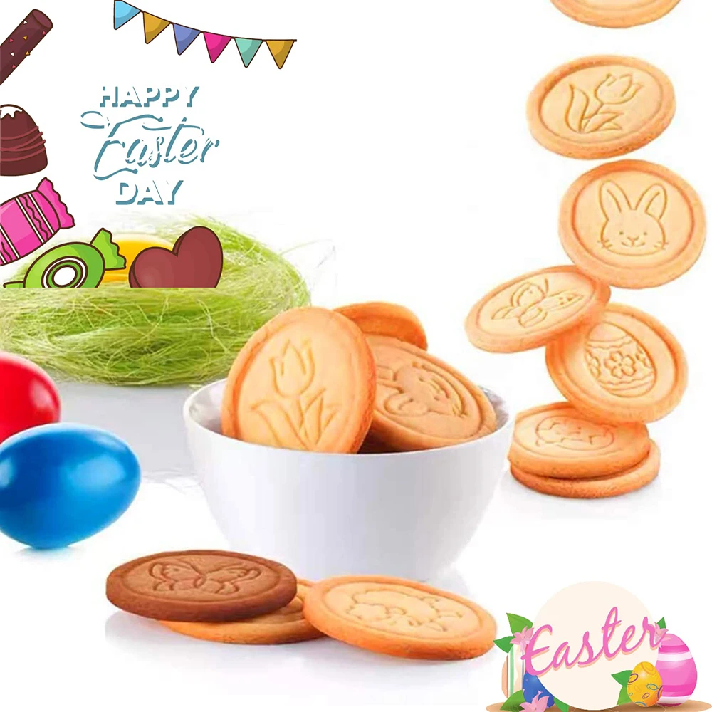 Happy Easter Cookie Stamps Round Egg  Bunny Chick Biscuit Mold DIY Fondant Pastry Press Embossing Mould Baking Accessories