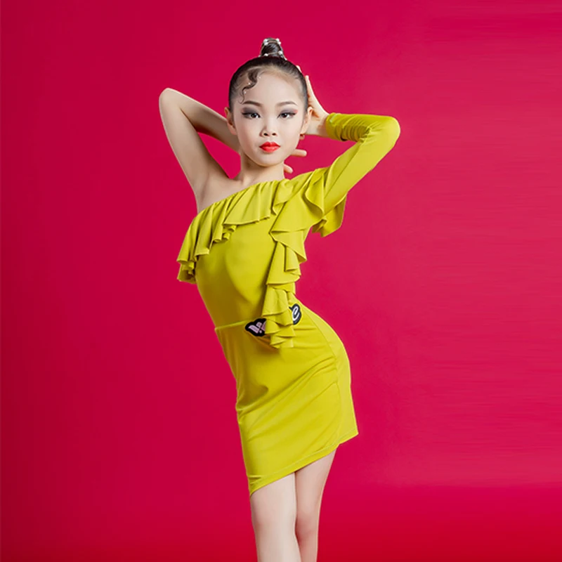 

Girls Yellow Latin Dance Dress Off-Shoulder ChaCha Dancing Performance Costume Summer Rumba Samba Practice Dancewear VDB5712