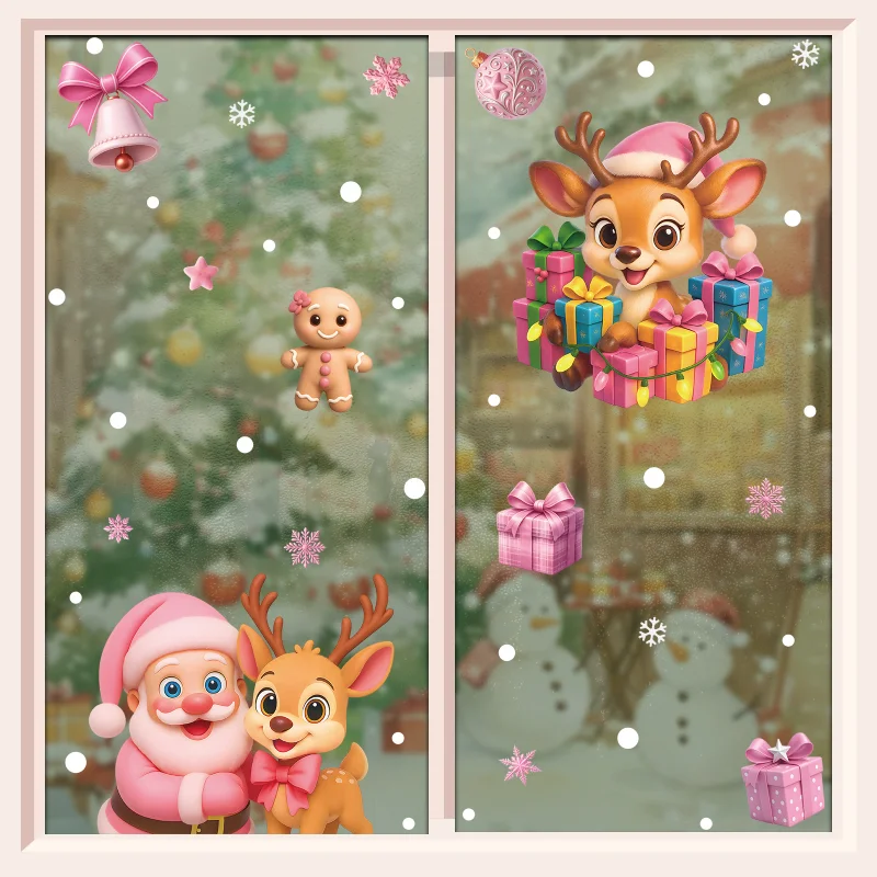 Pink Christmas Mirror Stickers Cartoon Gingerbread Man Sowman Santa Glass Window Stickers Merry Christmas Happy New Year Decor