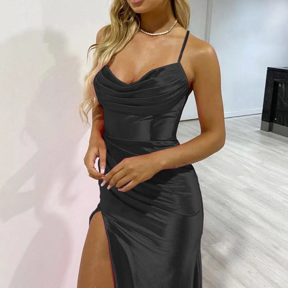 

Women Gown Elegant V Neck Satin Evening Gown with High Split Slim Fit Waist Prom Dress for Summer Parties Balls Lightweight