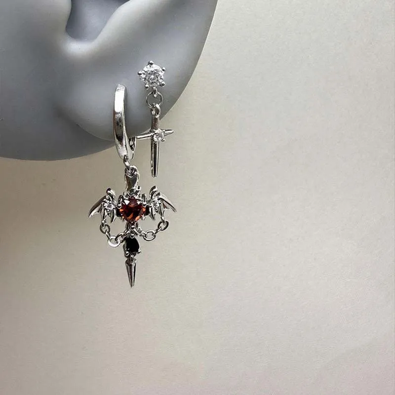 Earrings Punk Red Zircon Heart Wings Drop for Women Men Metal Crystal Cross Piercing Y2K Jewelry