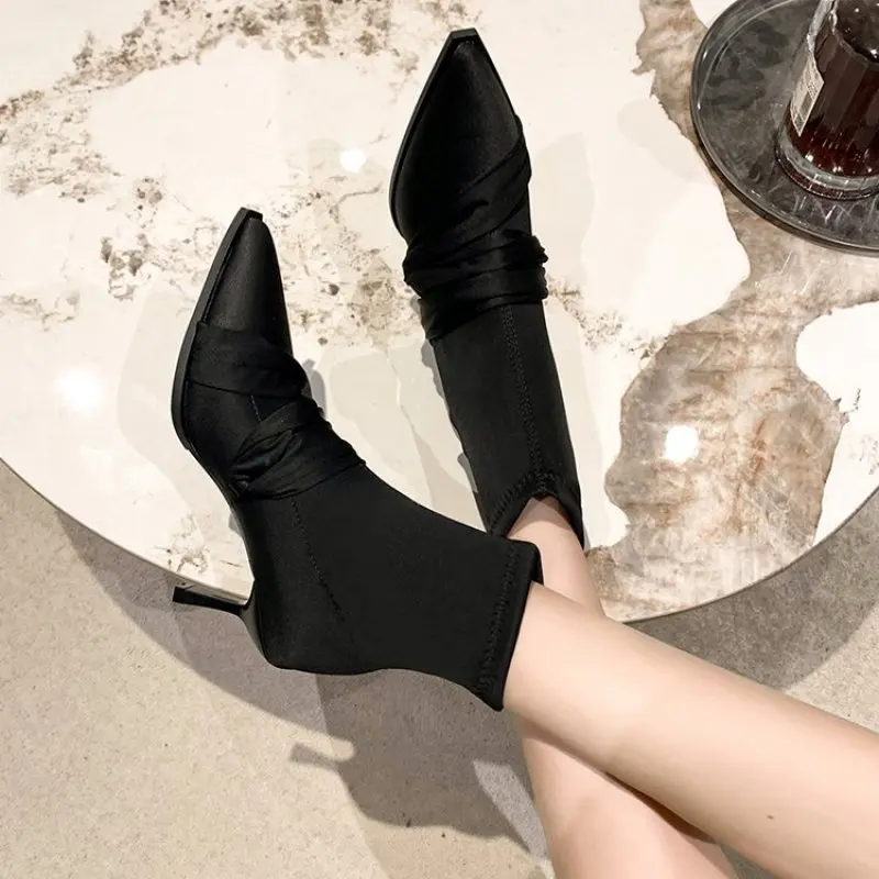 New Brand Women Ankle Boots Fashion Pointed Toe Slip On Ladies Elegant Short Boots Shoes Thin High Heel Dress Pumps Comfort New