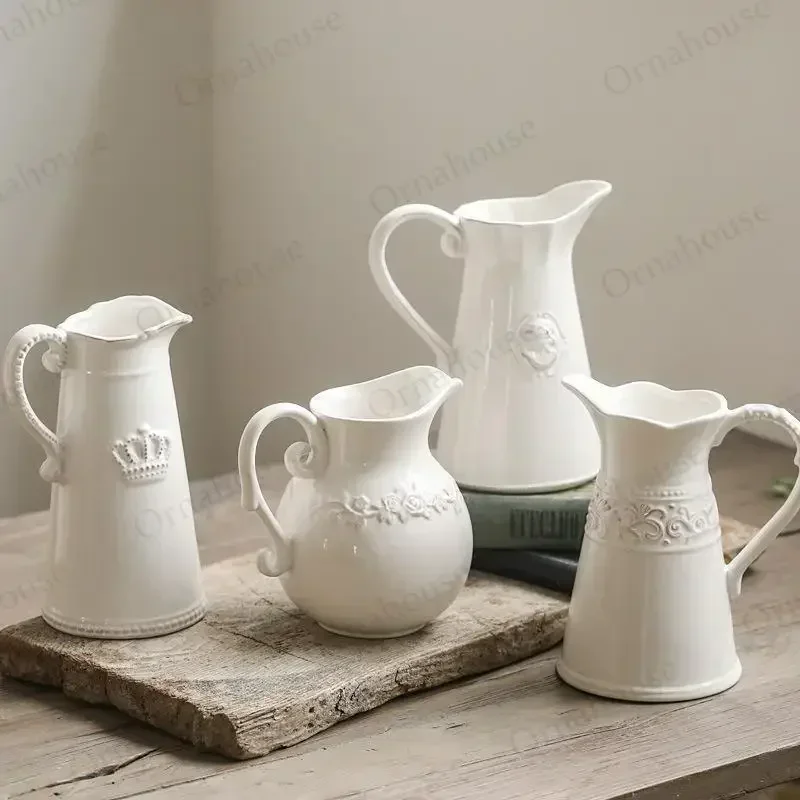 European Style Relief Ceramic Vase, Flower Arrangement, Milk Pot Vases, Living Room Decoration, Retro 4
