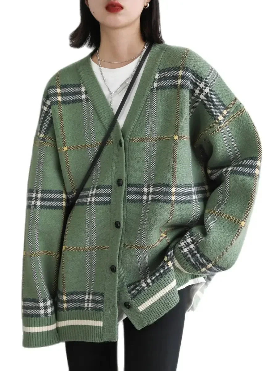 CHIC VEN 2024 여성용 스웨터, 오리지널 빈티지 루즈 V넥 격자 무늬 가디건, 한국 여성 따뜻한 코트, 가을 겨울 