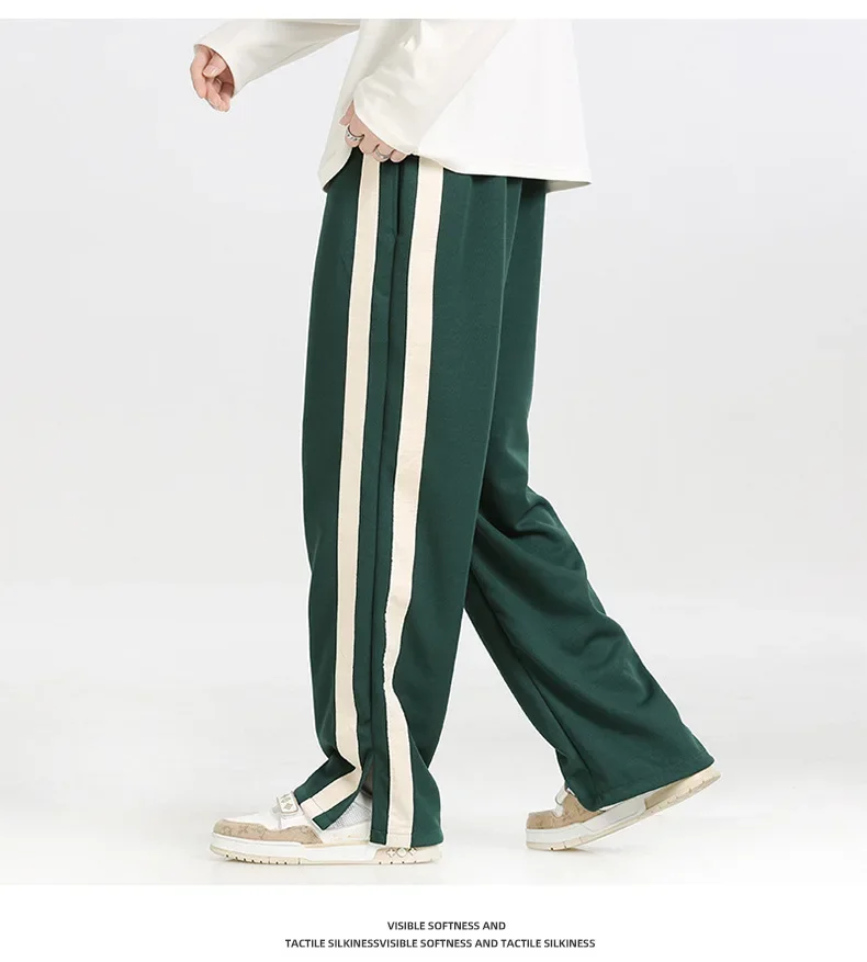 Men's Striped Slit Pants Spring Autumn Straight Wide Leg Trousers High Street Loose Casual Trousers 2024 Fashion Men Clothing