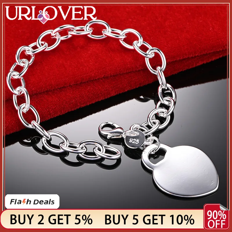 

URLOVER 925 Stamp Silver Color Bracelet For Woman Heart Lock Pendant Chain Wedding Accessories Party Birthday Charm Jewelry
