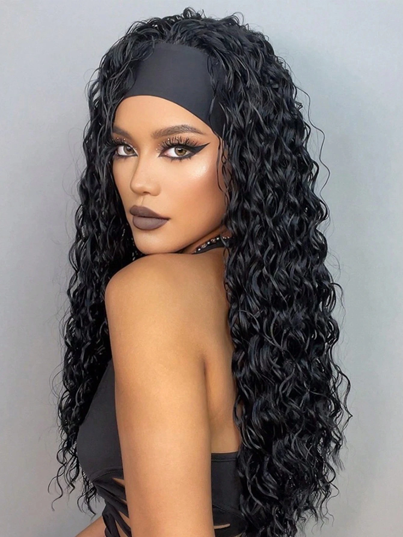 Black Synthetic Curly Headband Wig for Women Deep Water Wave