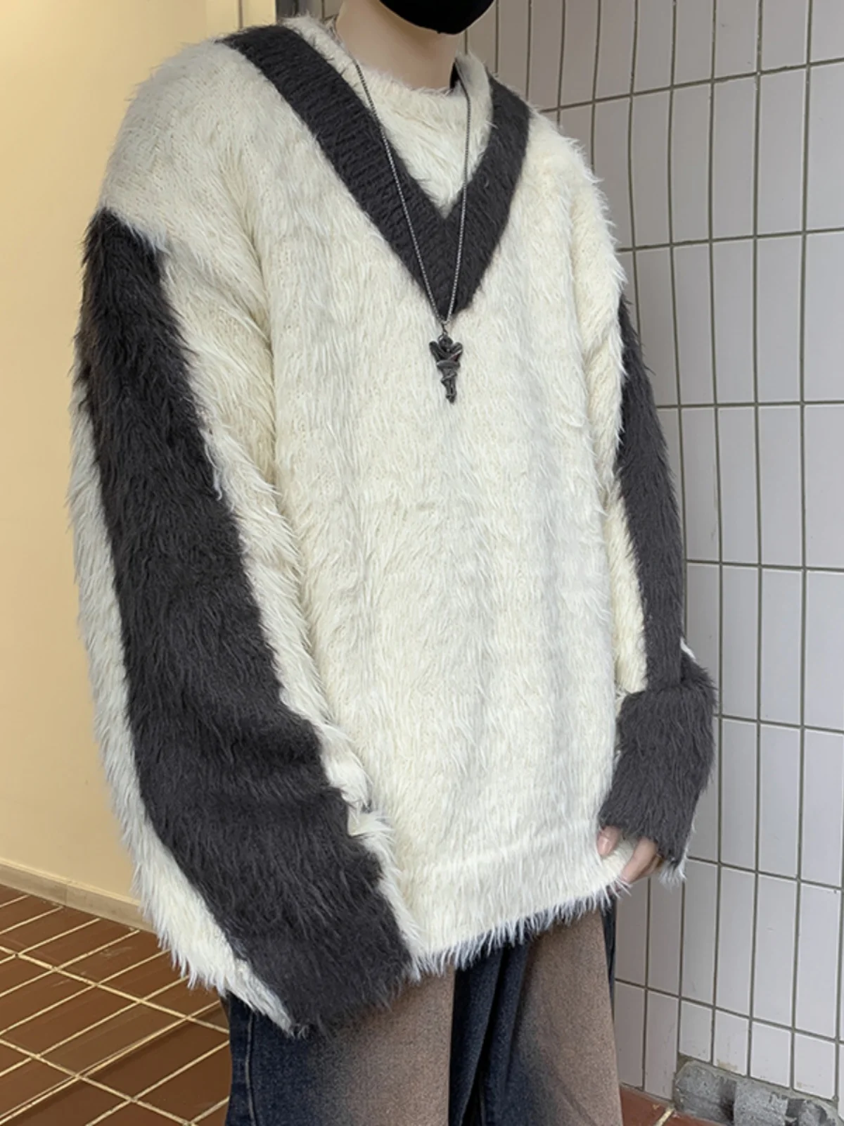 

Мужской пуловер оверсайз, повседневный трикотажный свитер в стиле пэчворк, уличная одежда, S92, Осень-зима 2024