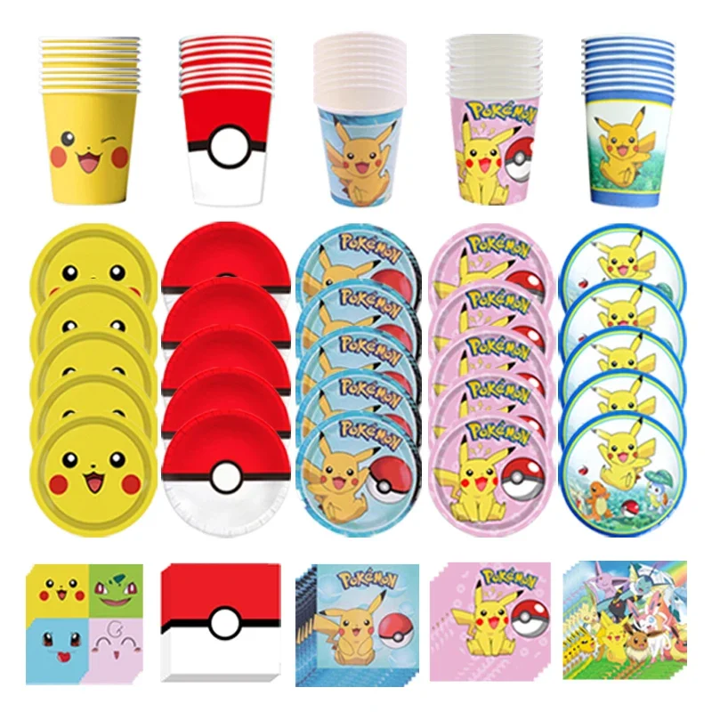 Disposable Tableware Pokemon Birthday Party Decor Cup Plate Napkin Pikachu Kids Baby Shower Party Supplies