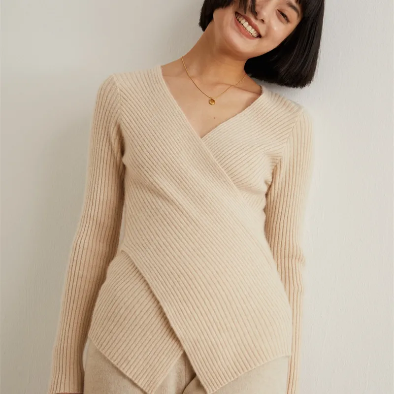 

Women High Elastic Pullover 100% Cashmere Sweater Autumn Winter New V-neck Sweater Female Fashion Soft Jumper Solid Slim Tops
