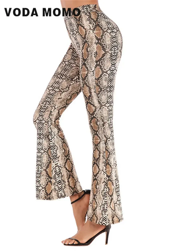 

Women Spring Summer New Leopard Snake Skin Print Flare Pants Sexy Elastic High Waist Female Casual Trouser Streetwear Long Pants