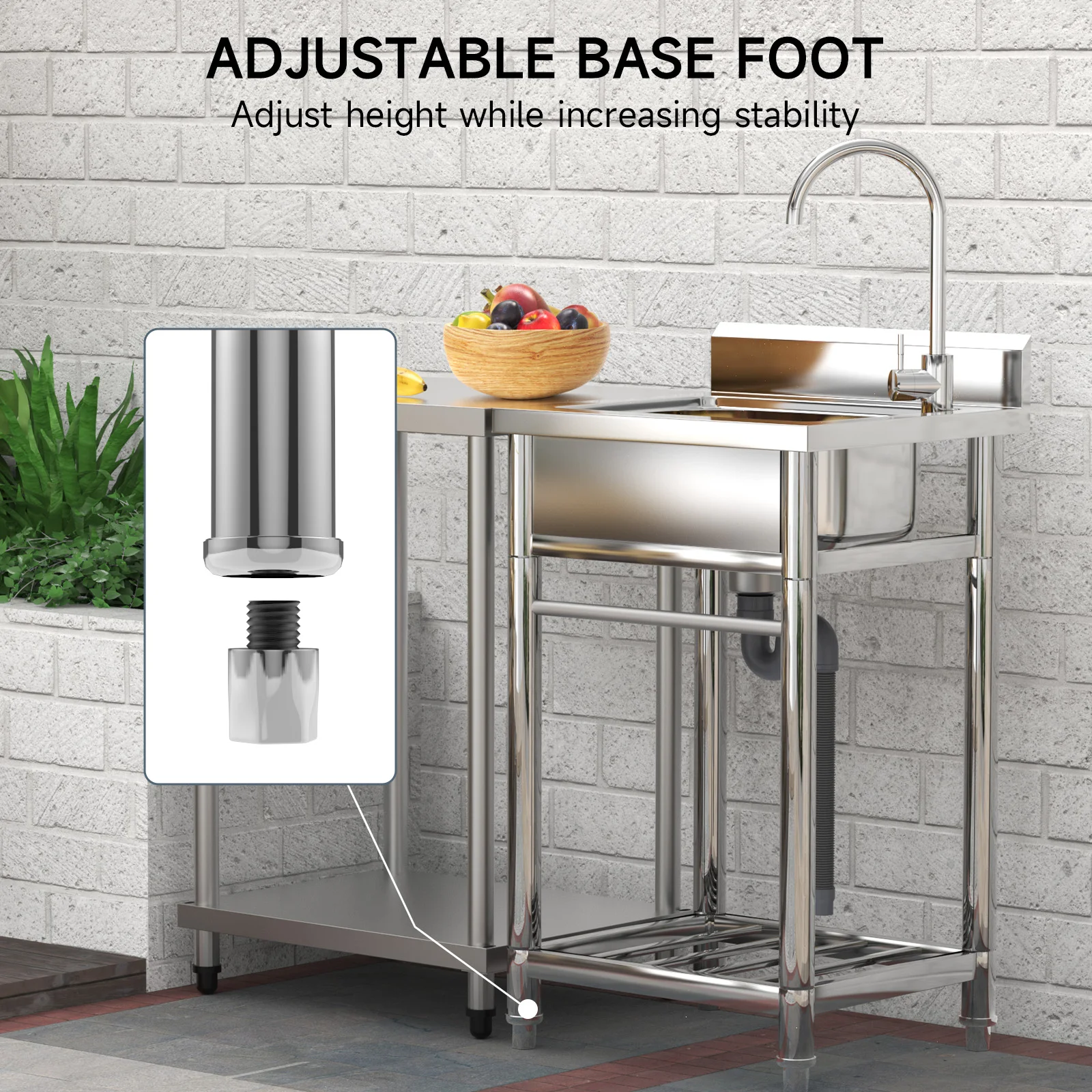 Utility Sink Stainless Steel Commercial Restaurant Kitchen Sink with Cold & Hot Water Pipe, Laundry Tub For Indoor Outdoor 2