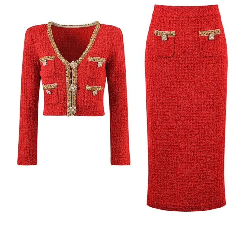 

New Year Charming Red Tweed Women 2Pcs Skirt Sets V-neck Short Sequined Tops Slim Luxury Lady Suits