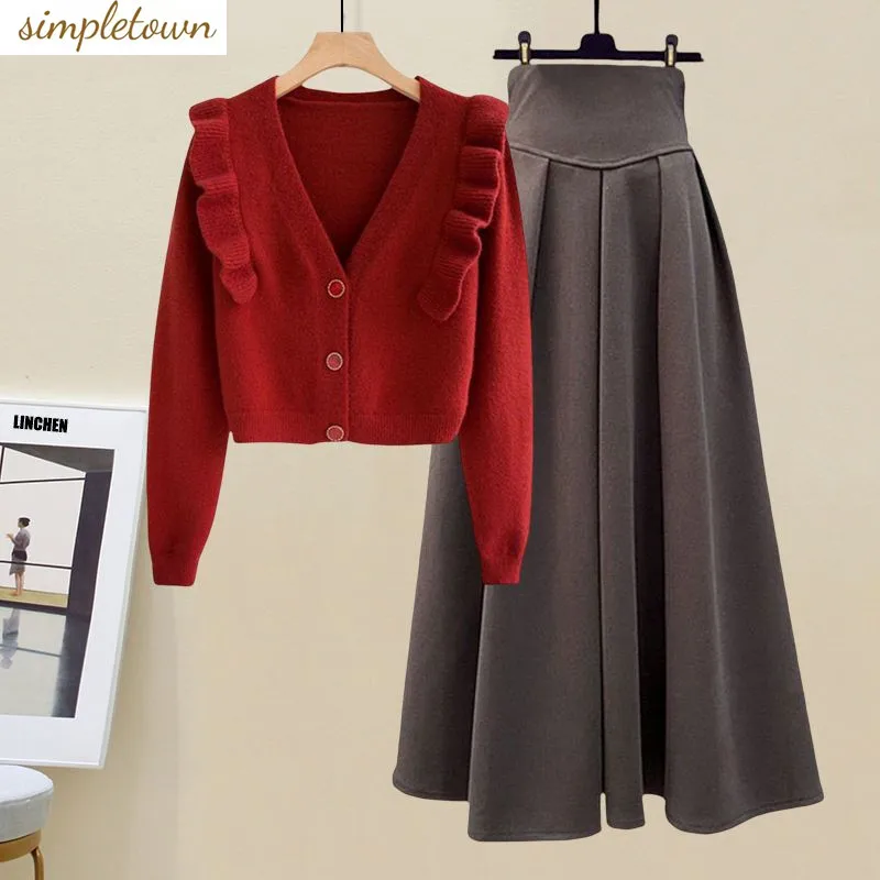 Set Skirt 2023 Autumn/Winter Korean Version New Ruffled Sweater Temperament Mid Length Fashion Half Skirt Two Piece Set