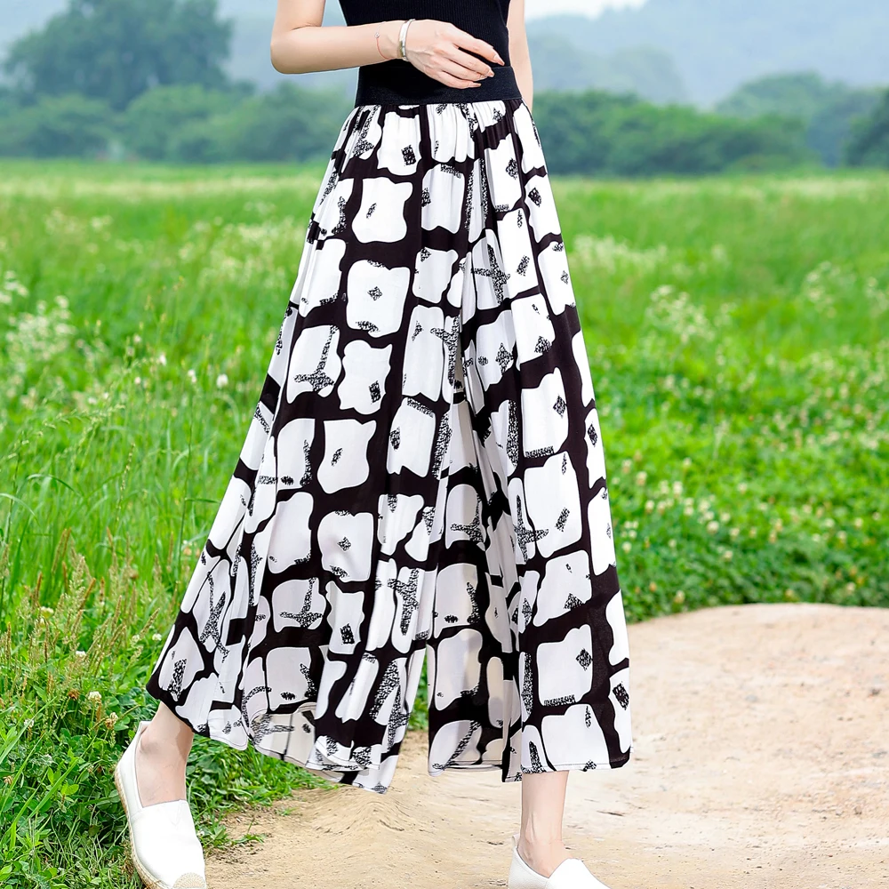 Summer Women Pants Wide Leg Pants Ankle-length Trousers Print Elastic Waist Loose Casual Pockets Pleated Mid Broadcloth