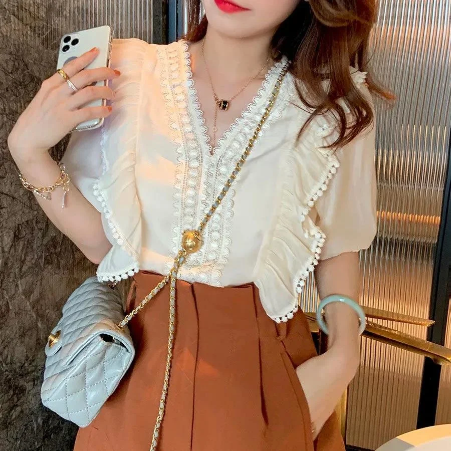 M-4XL Large Size Hollow Out Chic Blouses Women Summer Lace Trim Chiffon French Oversize Top Short-sleeve Ruffles V-neck Shirts