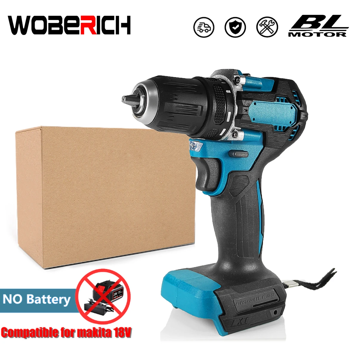 Cordless Electric Hammer Impact Drill 13mm Chuck Brushless Multifunctional Power Tool（No battery）For Makita 18V Battery 90 degree right angle keyless chuck impact drill adapter electric power cordless drill attachment angle adaptor 8mm hex shank