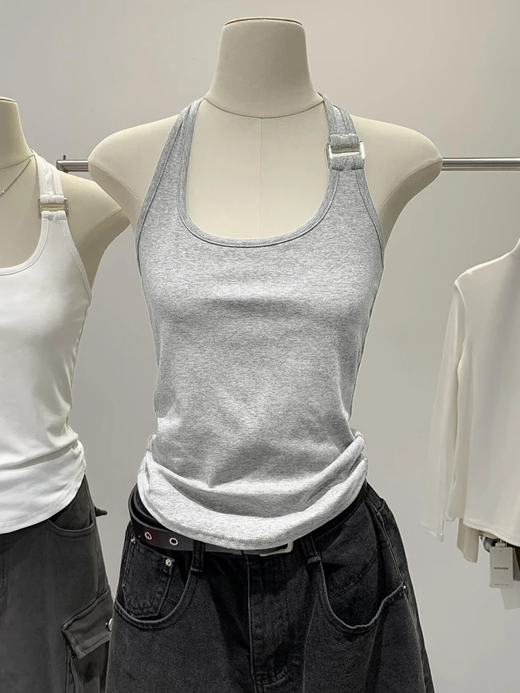 

American Spicy Girl Grey Hanging Neck Strap Tank Top Summer New Outwear Pleated Waist Sexy Off Back Top