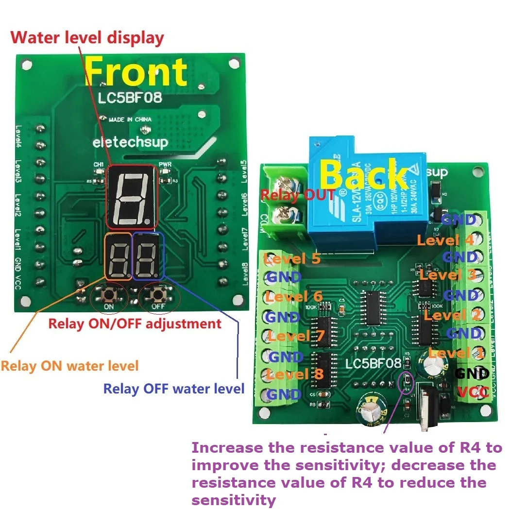 다기능 수위 펌프 주입 디스플레이 컨트롤러, 액체 센서 모듈, 자동 제어, 8 단계, DC 12V, 30A