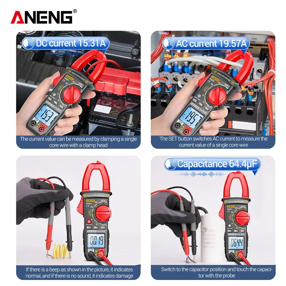 ANENG PN201Pro 보이스 미터 클램프 멀티미터 전류 전압 테스터, 4000 카운트 멀티테스터, NCV 옴 커패시턴스 테스트 도구