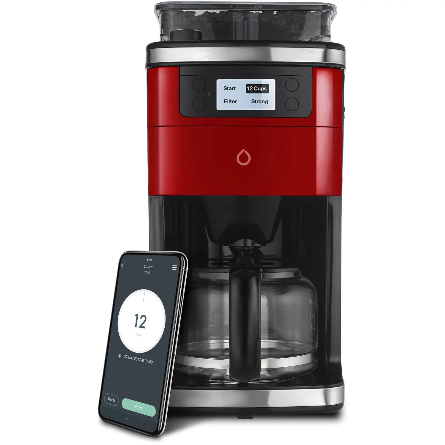 

Smart iCoffee Brew Coffee Maker in Red with Built-in Grinder App for Customized Coffee On Demand