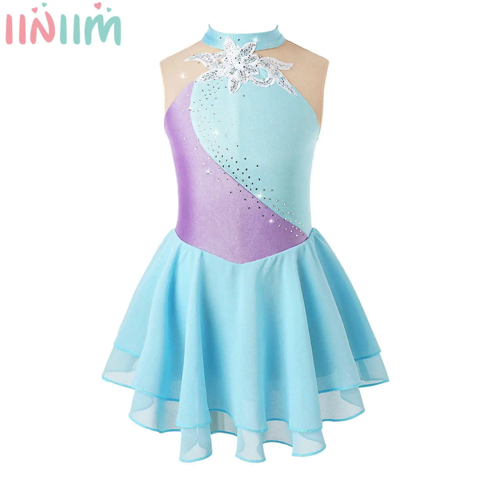 

Kids Girls Rhinestone Figure Ice Skating Dress Ballet Gymnastics Leotard Floral Skater Tumbling Dance Competition Show Costume