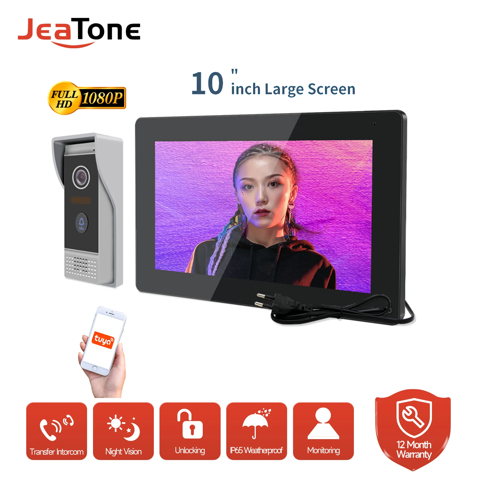

Jeatone Tuya 1080P 10Inch wifiVideo Intercom Security Protection Private Residential Walkie Talkie Motion Detection&Night Vision