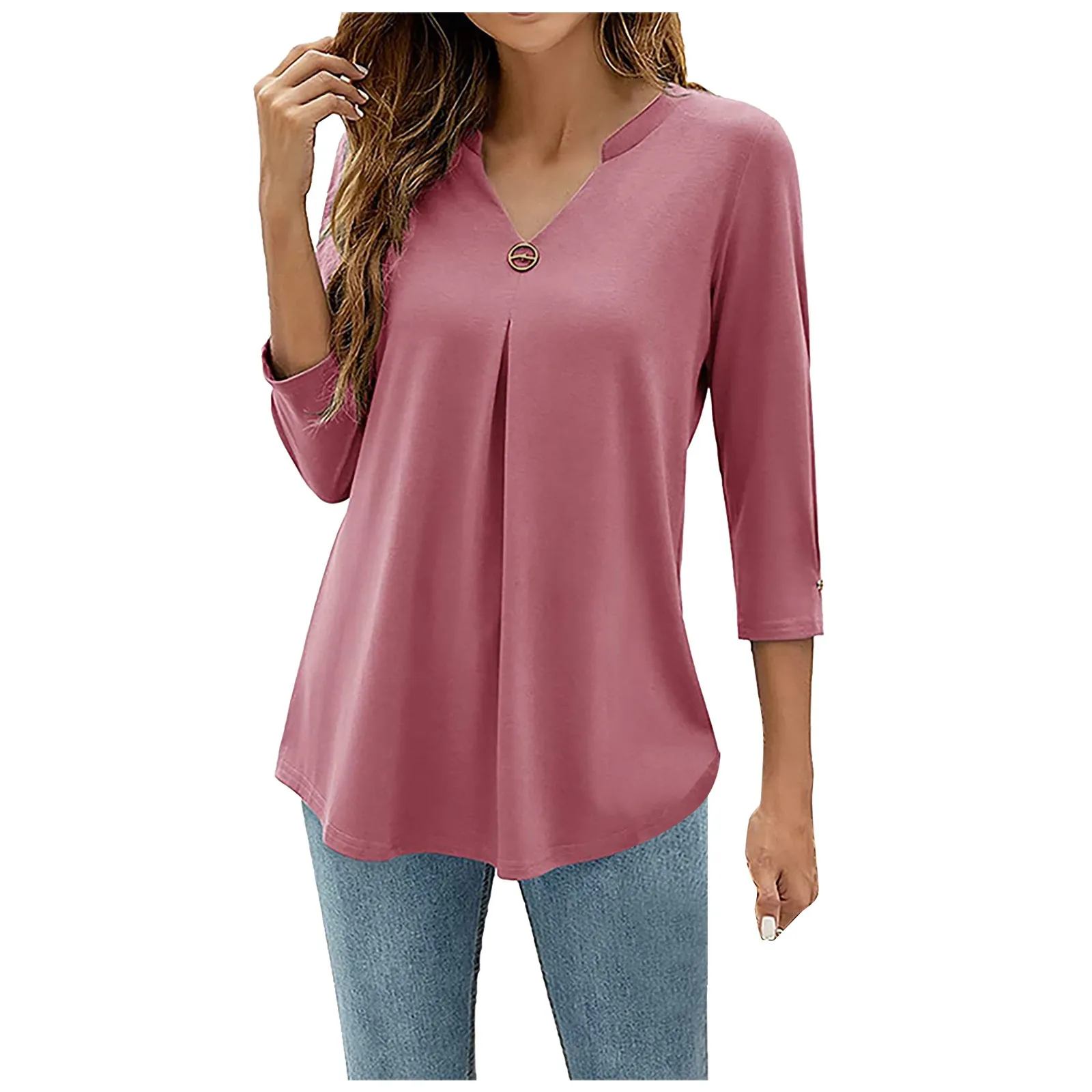 

Spring Autumn Women T-shirt V Neck 3/4 Sleeve Printed Decor Pleated Hem Solid Color Tee Shirt Slim Fit Tunic T-shirt Top 2024