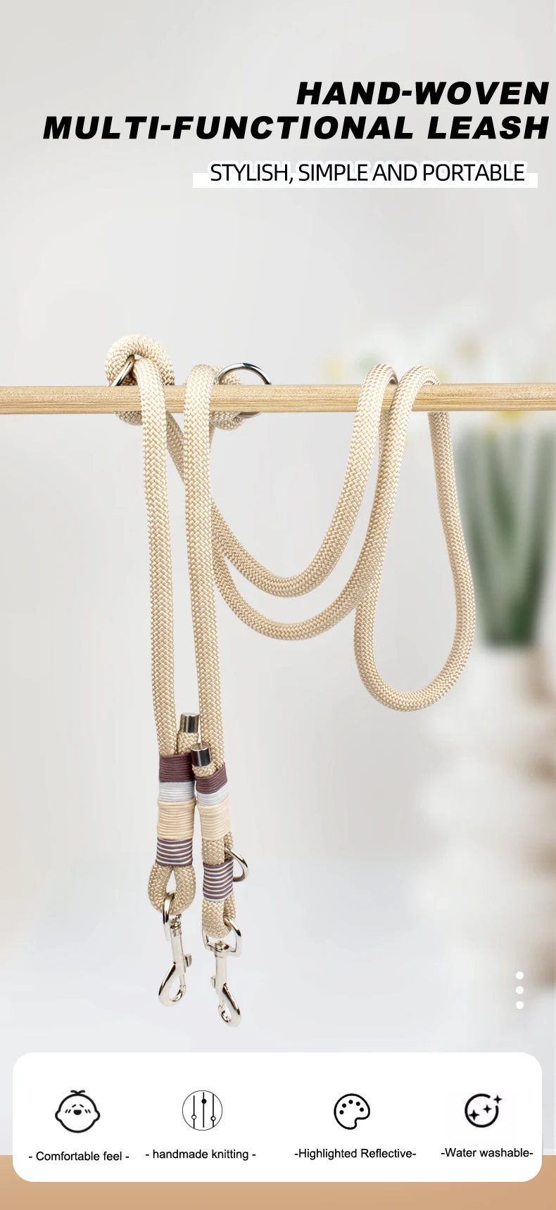 Multifunktionale Hundeleine, kurze lange Leinen, doppelte Hundeleine, Umhängetasche, Taillenleine für Spaziergänge im Freien, Hundeleine, starkes Seil – Detail 2