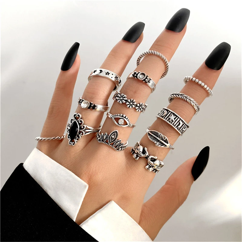 Hiphop Vintage Rings Set For Women Men Aesthatic Retro Punk Silver Plated Heart Flower Butterfly Chain Finger Ring Jewelry ring set