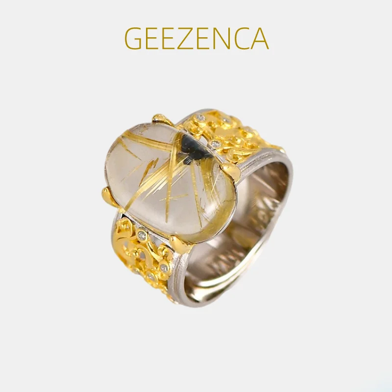

GEEZENCA Big Size Crystal 925 Sterling Silver Two Tone Plated Rings Luxury Hollow Out Rutilated Quartz Cocktail Ring Women Gift