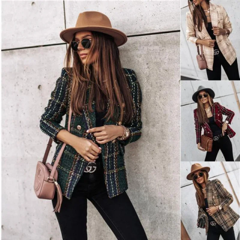 

LKSK Autumn and Winter New Women's Long-Sleeved Double-Breasted Jacket Printed Suit Button Coat Short Long-Sleeved Jacket