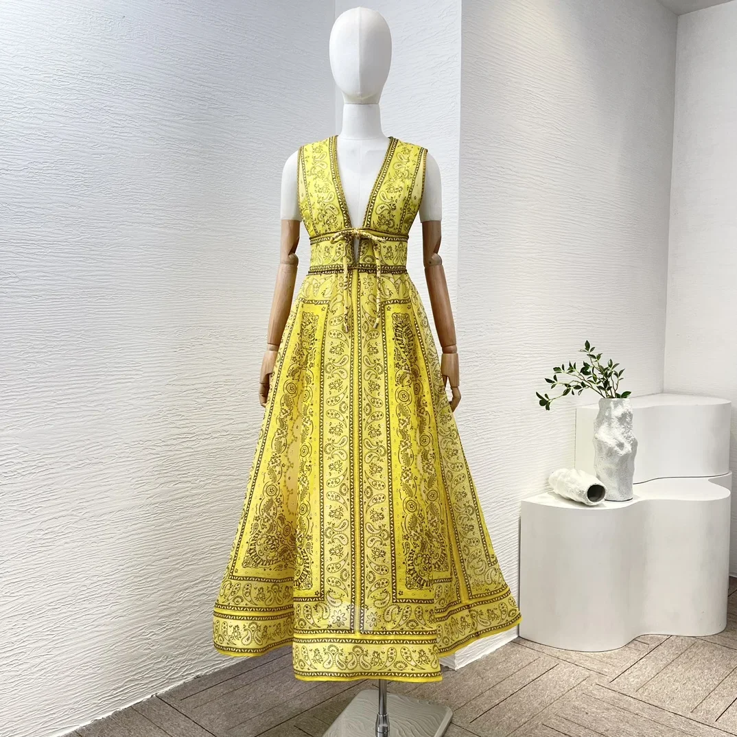 

2024 Fashion Clothing Collection Silk Linen Yellow Paisley Print Sleeveless Bow Tie Front Women Pink Midi Dress