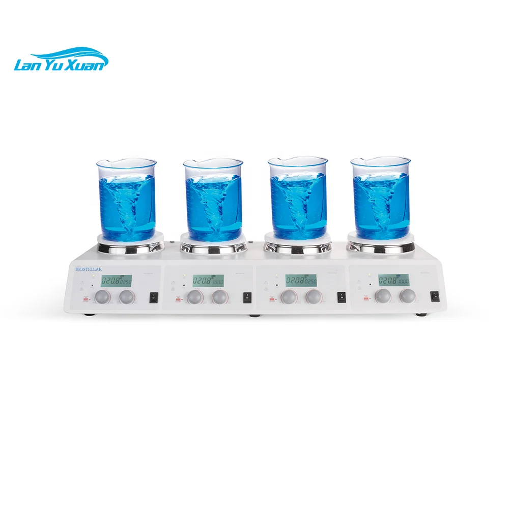 CE/ISO 4 positions Magnetic Hotplate Stirrer With LCD Display 5 inch work plate 10Lx4 200~1500rpm SS with ceramic coating