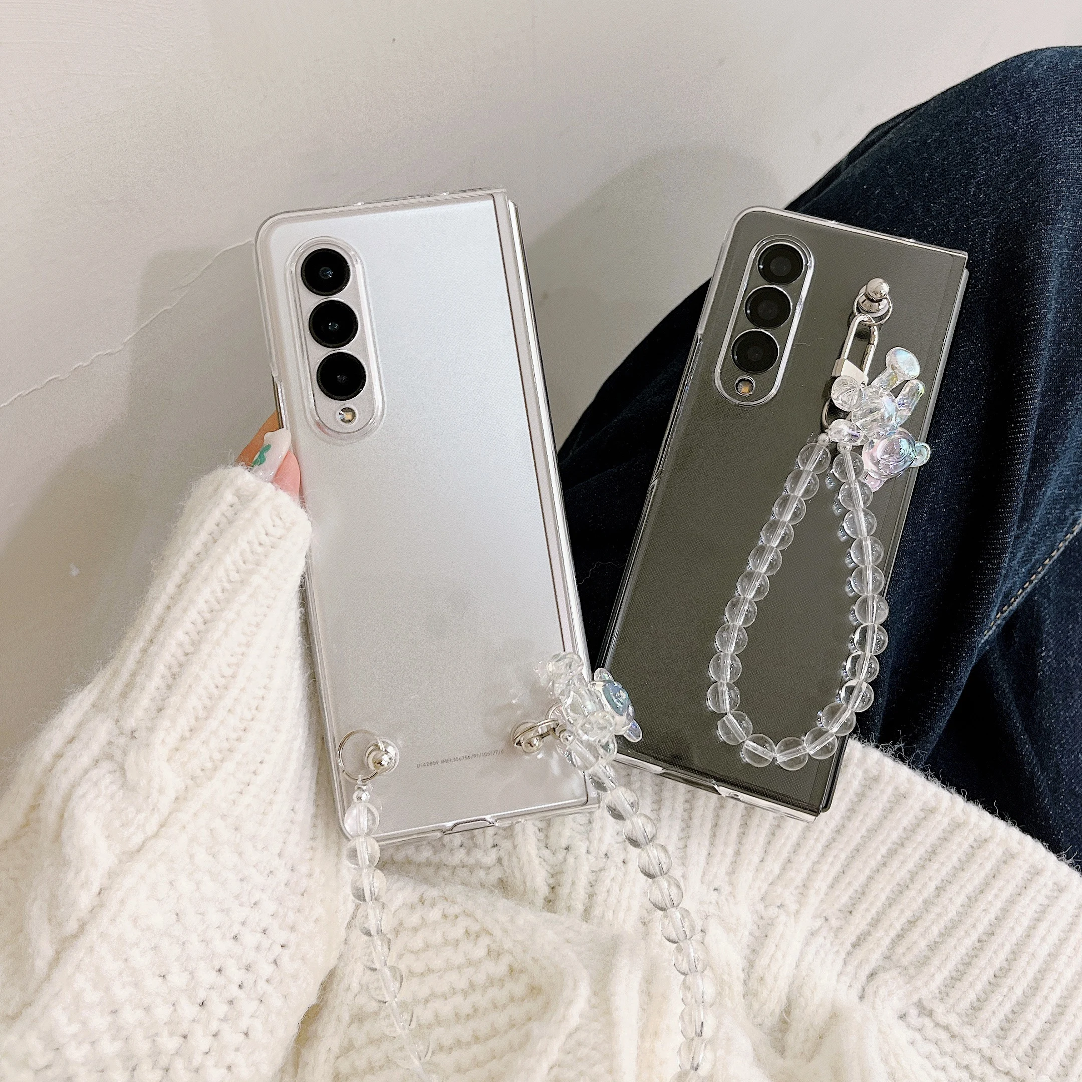 Fashion Cute Crystal Beads Bear Hand Chain Bracciale Cover Trasparente Per Telefono Per Samsung Galaxy Z Fold 4 3 2 Fold4 Fold3 5G