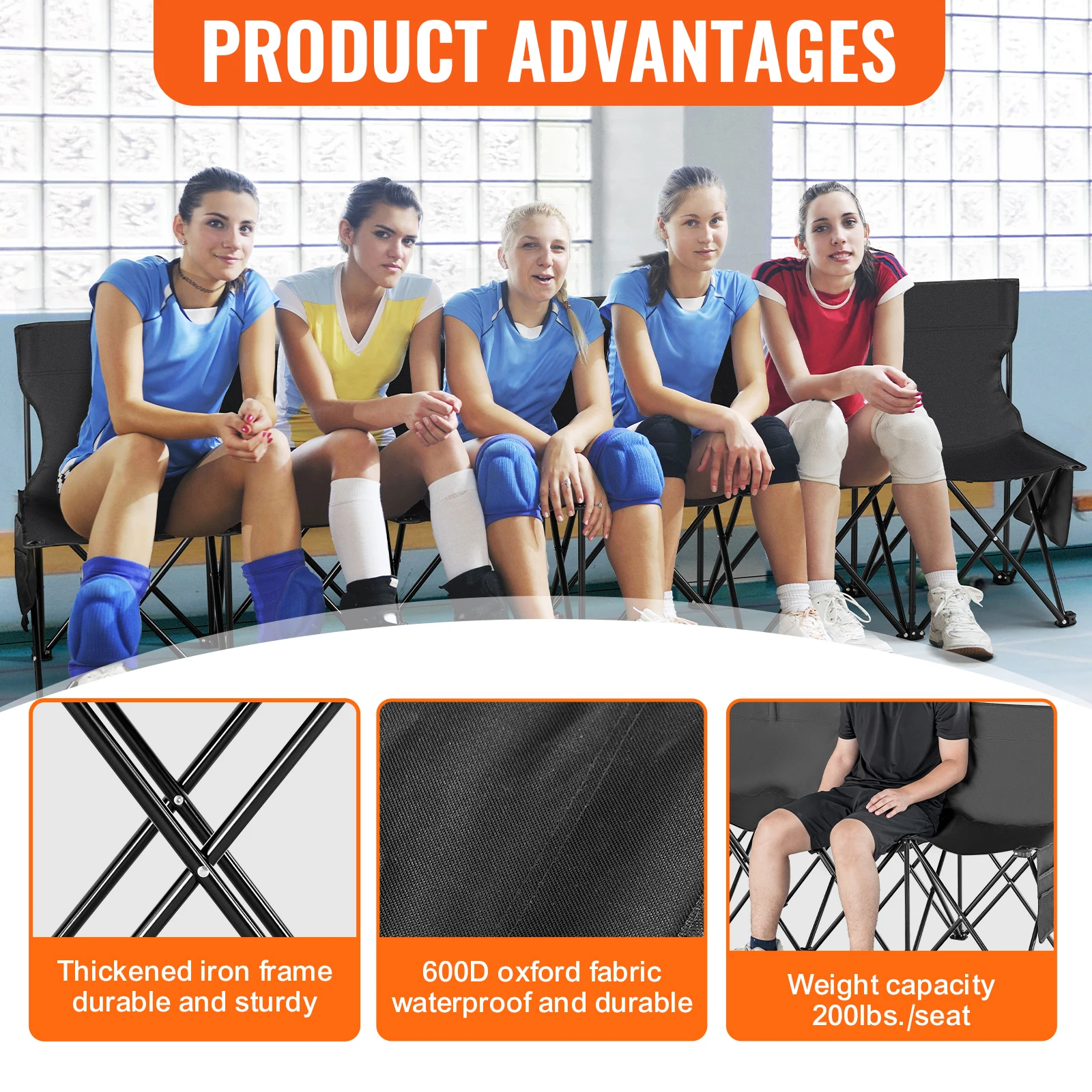 SucceBuy 8 Seat Foldable Sideline Bench Outdoor Camping Bench Chair with Bag & Backrest Team Sport Sideline Bench - 4