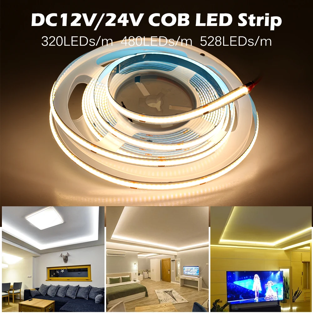 Better Bathrooms 6000K Cool White COB LED Light Strip 384/528LEDs/M Tape for Bedroom Cabinet Car 
