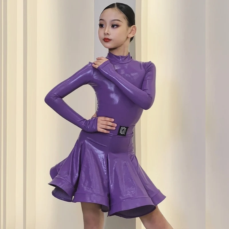 Girls Latin Dance Competition Clothing Glossy Fabric Long Sleeves Dance Dress Kids Cha Rumba Practice Training Wear V22000 dance dress
