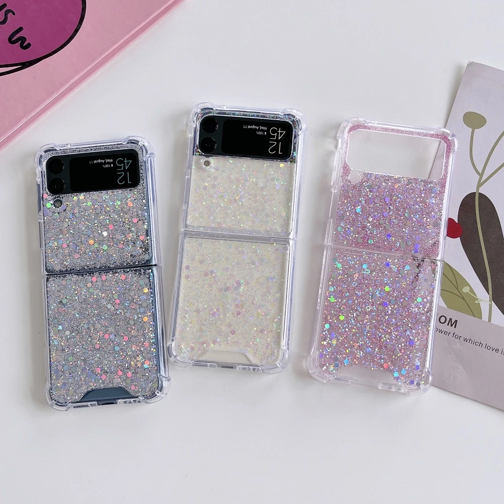 For Samsung Z Flip 3 Case Fantasy Sequin Transparent Folding Phone Case For Samsung Z Flip 4 Z Flip3 Shockproof Hard Back cover samsung flip3 case