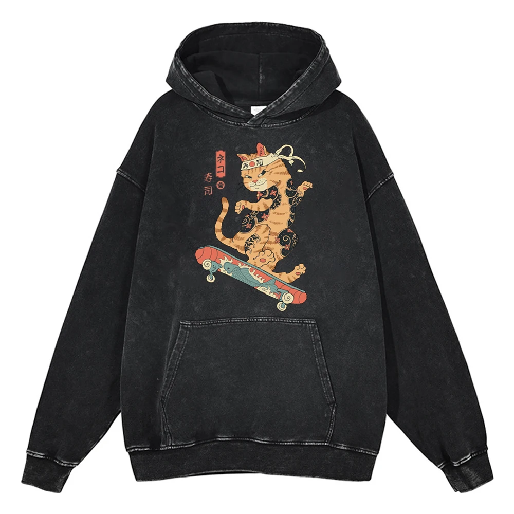 Funny Samurai Cat Print Hoodies Men Women Cartoon Vintage 100% Cotton Gothic Sweatshirts Casual Pullover Hip Hop Y2K Sportswear