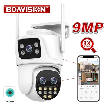 야외 와이파이 감시 카메라, PTZ 9MP, 3 렌즈, 8X 디지털 줌, AI 자동 추적 휴머노이드 감지, 4MP 보안 카메라