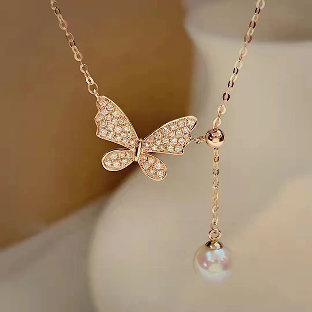 Qyi-collar Con Colgante De Mariposa Para Mujer, Joya Con Perlas Naturales Oro De 18k Joyería Alta Para Regalo De Cumpleaños - Colgantes - AliExpress