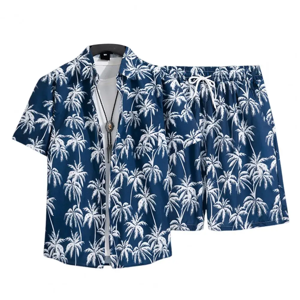 

2Pcs/Set Men Shorts Summer Casual Outfit Short Sleeve Shirt Coconut Tree Print Hawaii Outfit Wide Leg Shorts Set
